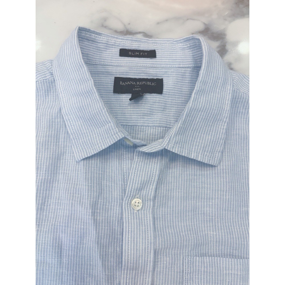 Banana Republic Men's Blue Camden Slim Fit 100% Linen SS Shirt Size L Tall